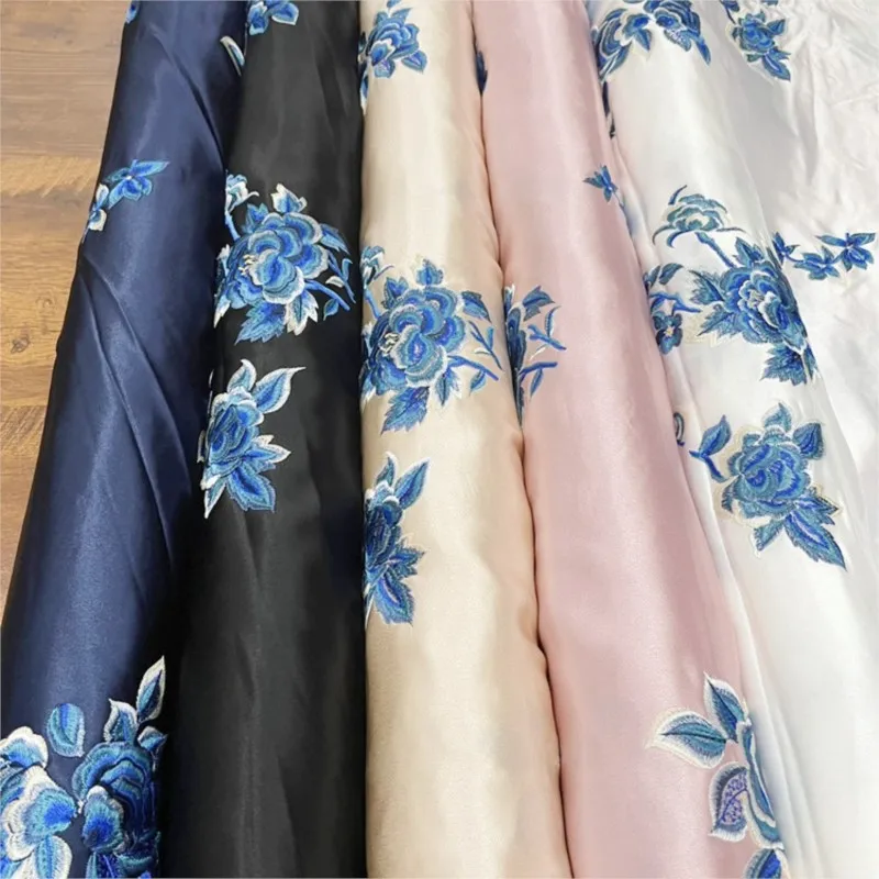 

New Chinese satin acetate embroidery fabric heavy imitation Su style antique dress cheongsam clothing material