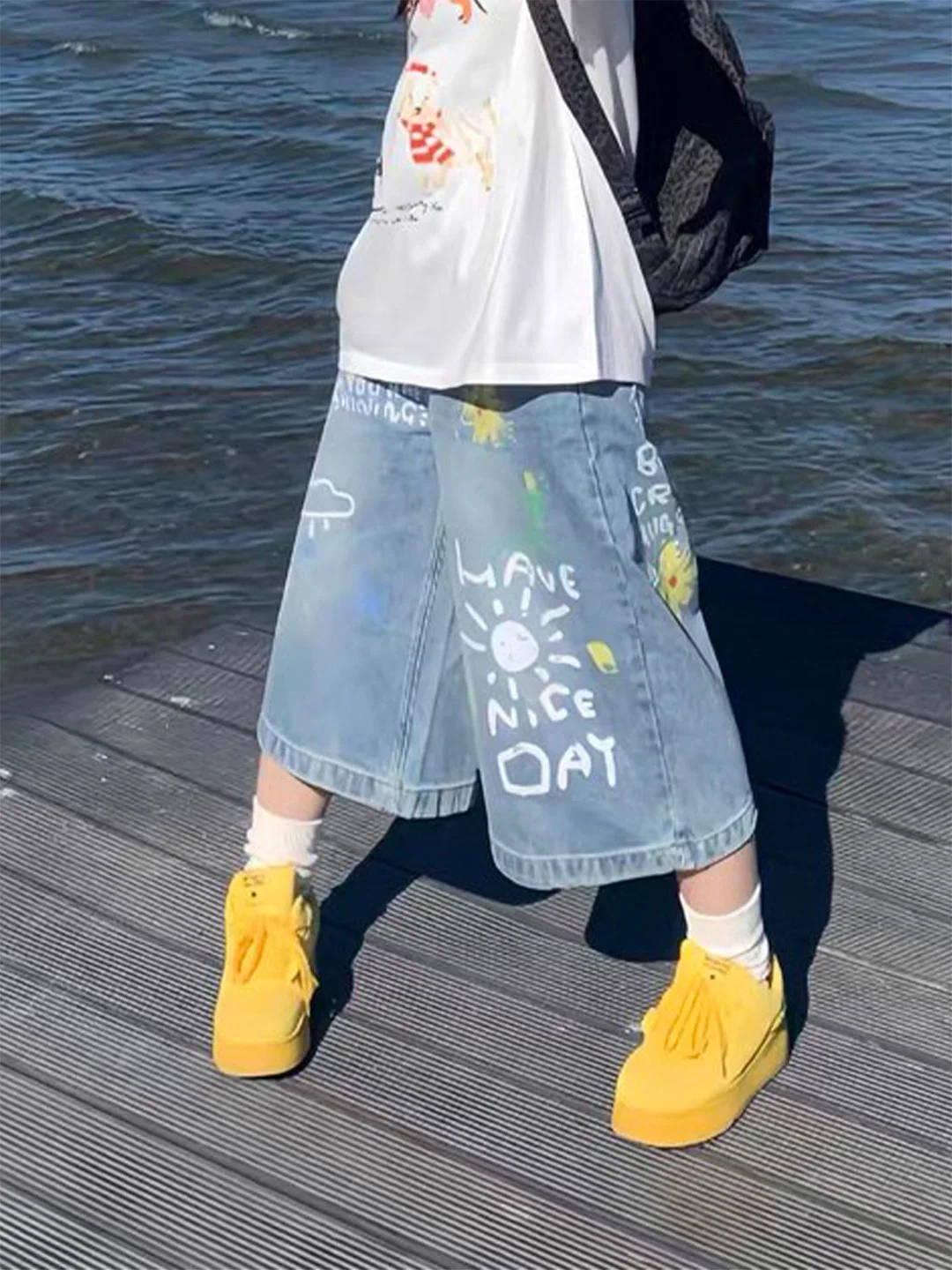 

plus Size Blue Graffiti Print Denim Jeans High Waist Wide Leg Casual Summer New Style Women's Loose Slimming Pants