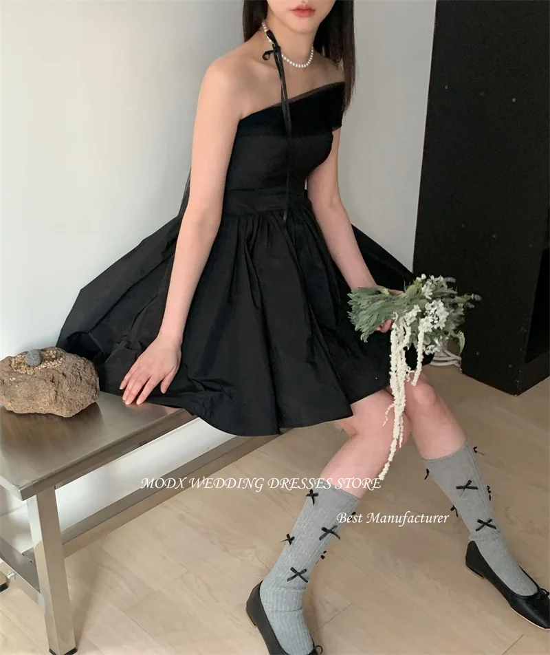 MODX Simple Black Taffeta Mini Short Wedding Dresses With Bolero Tulle Korea Photo shoot Strapless Formal Party Dress Corset