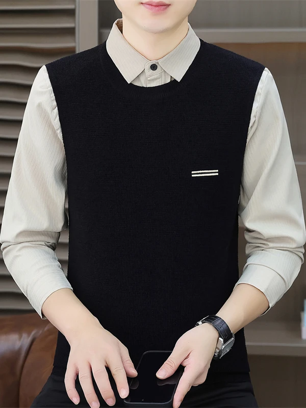 

Мужской модный повседневный вязаный свитер с имитацией двухслойности и воротником-рубашкой, базовый слой, весна-осень-зима, высокое качество, полиэстер