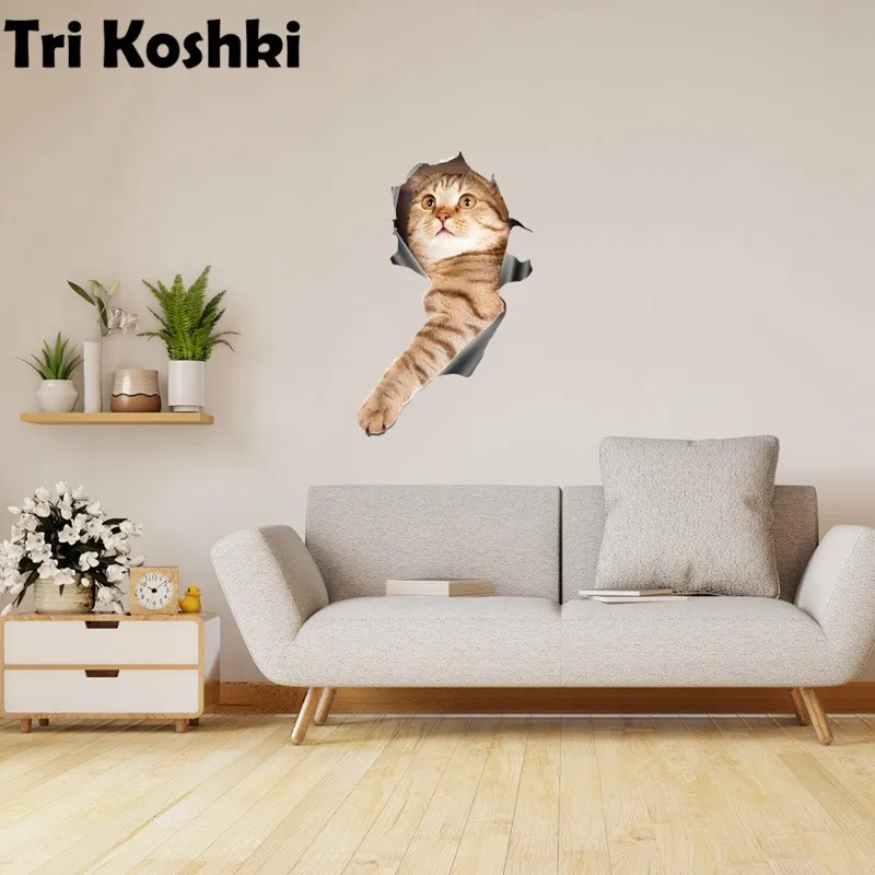 Tri koshki W1403 3D Cat in the Hole Wall Sticker Waterproof Decal PVC Home Decoration Kids Room Door Living Room Toile Bedroom