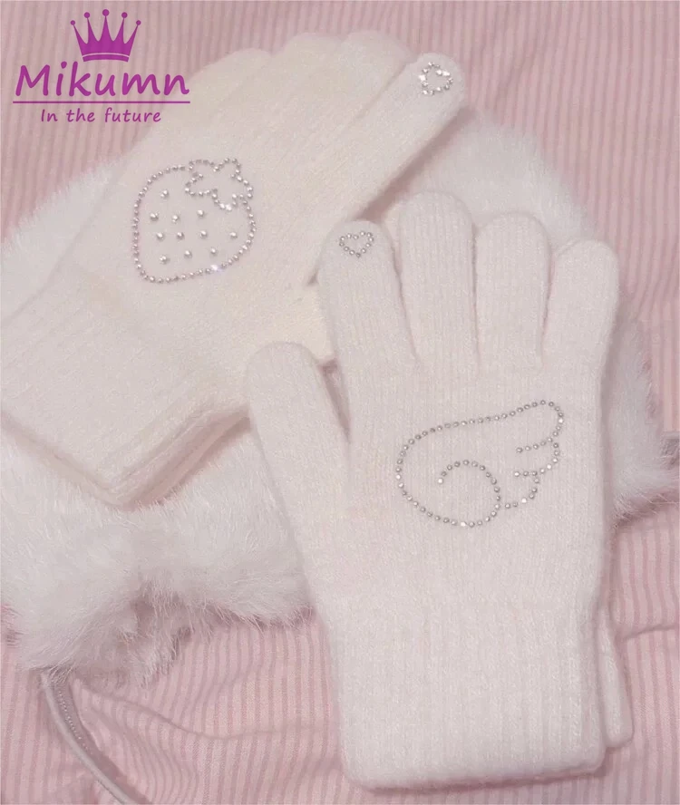 

Вязаные перчатки Mikumn Harajuku с принтом клубники/кошки/снеговика, женские зимние теплые варежки из кроличьего меха, уличные перчатки