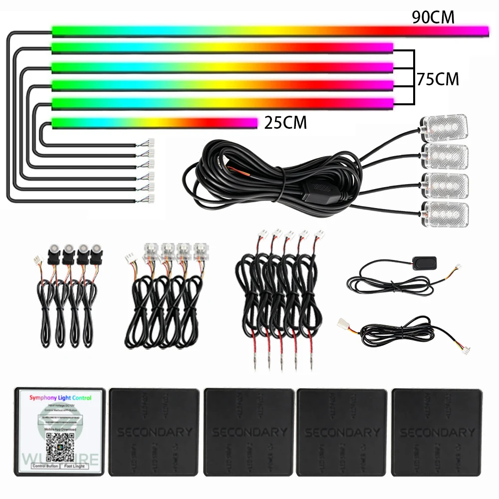 Zestaw 18 w 1 LED-owych lampek ambientowych do samochodu, synchronizacja muzyki, RGB, 213 kolorów, tęczowe, sterowanie przez Bluetooth przez aplikację, akrylowe neonowe paski świetlne do wnętrza — 2
