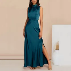 Abito lungo senza maniche in raso da donna 2023 Tunica estiva con collo a lupetto Abito elegante ampio da donna Party Club Abiti lunghi con spacco laterale