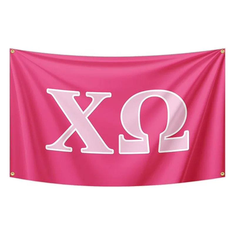 Bandera griega de la hermandad con letras de Chi Omega, 3x5 pies, con ojales de latón para habitación, chicos, dormitorio universitario, interior y exterior