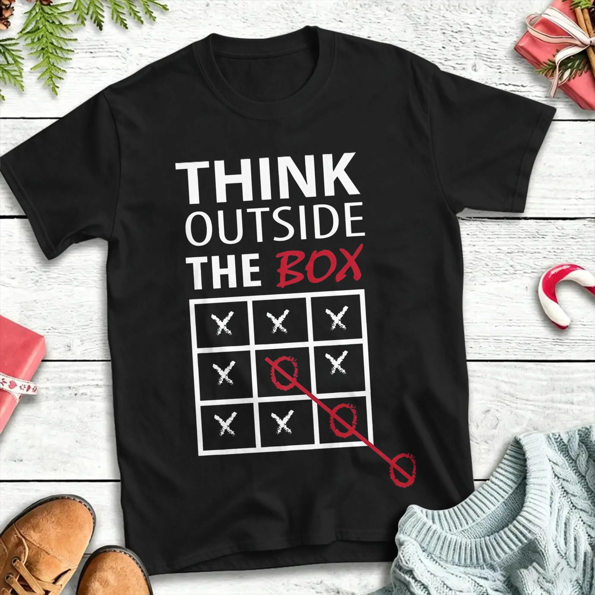Casual Think Outside the Box Tic-Tac-Toe Tshirt Men's Round Neck Short Sleeve Clothes  Cotton Summer Clothes
