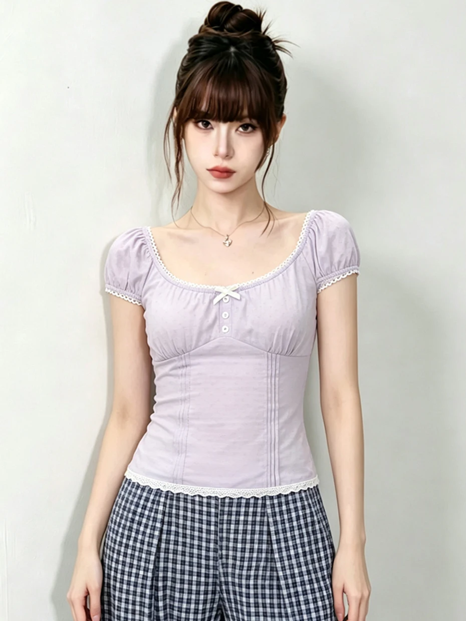 

Sweet Style Short Sleeve Lace Patchwork Bubble Sleeve Shirt Women's 2026 Summer Slim Fit Waist Cinching Doll Shirt
