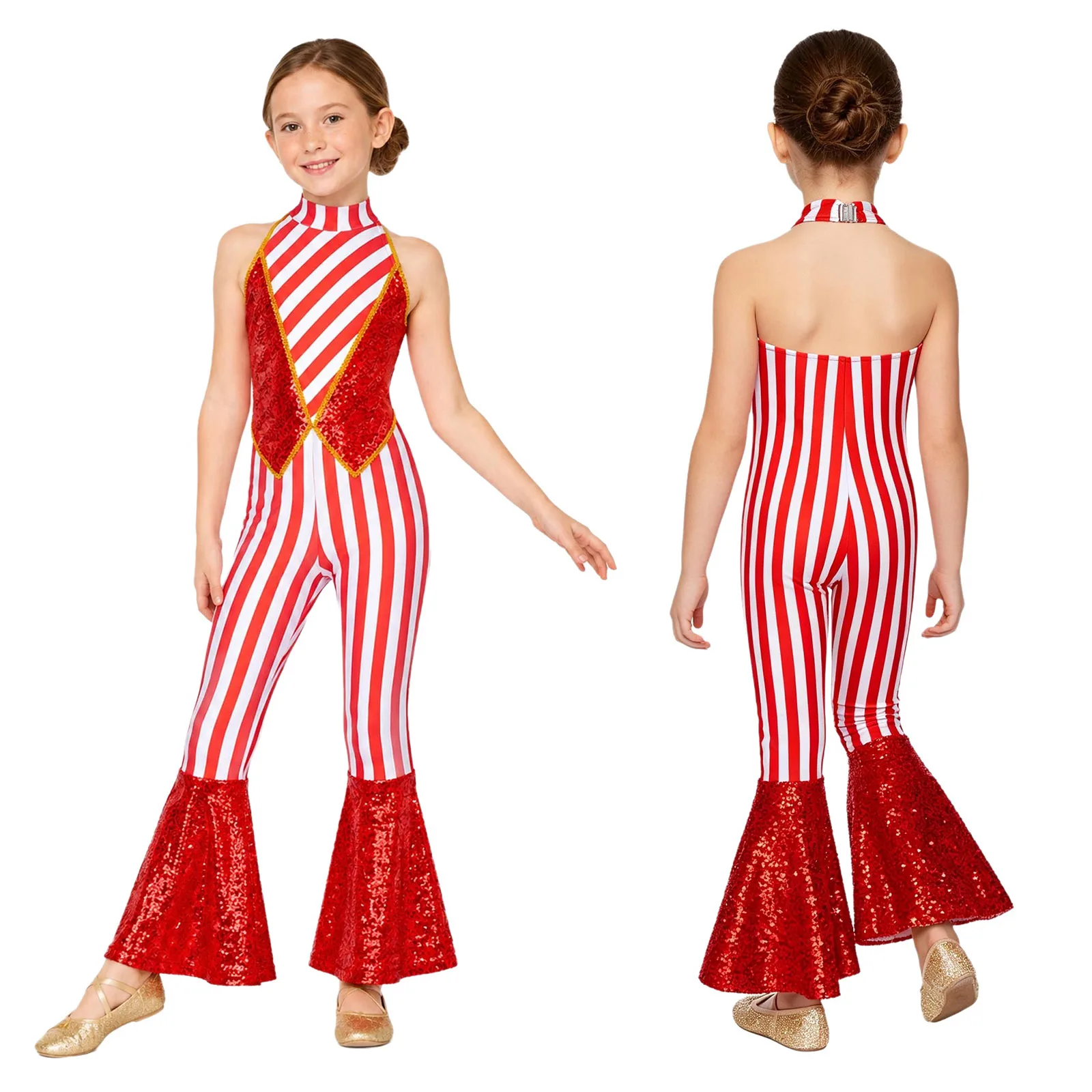 Kinder Mädchen Weihnachten Ballett Tanz Gymnastik Eiskunstlauf Trikot Weihnachten Zuckers tange Bodysuit ärmellose Streifen Pailletten Overall – Detail 7