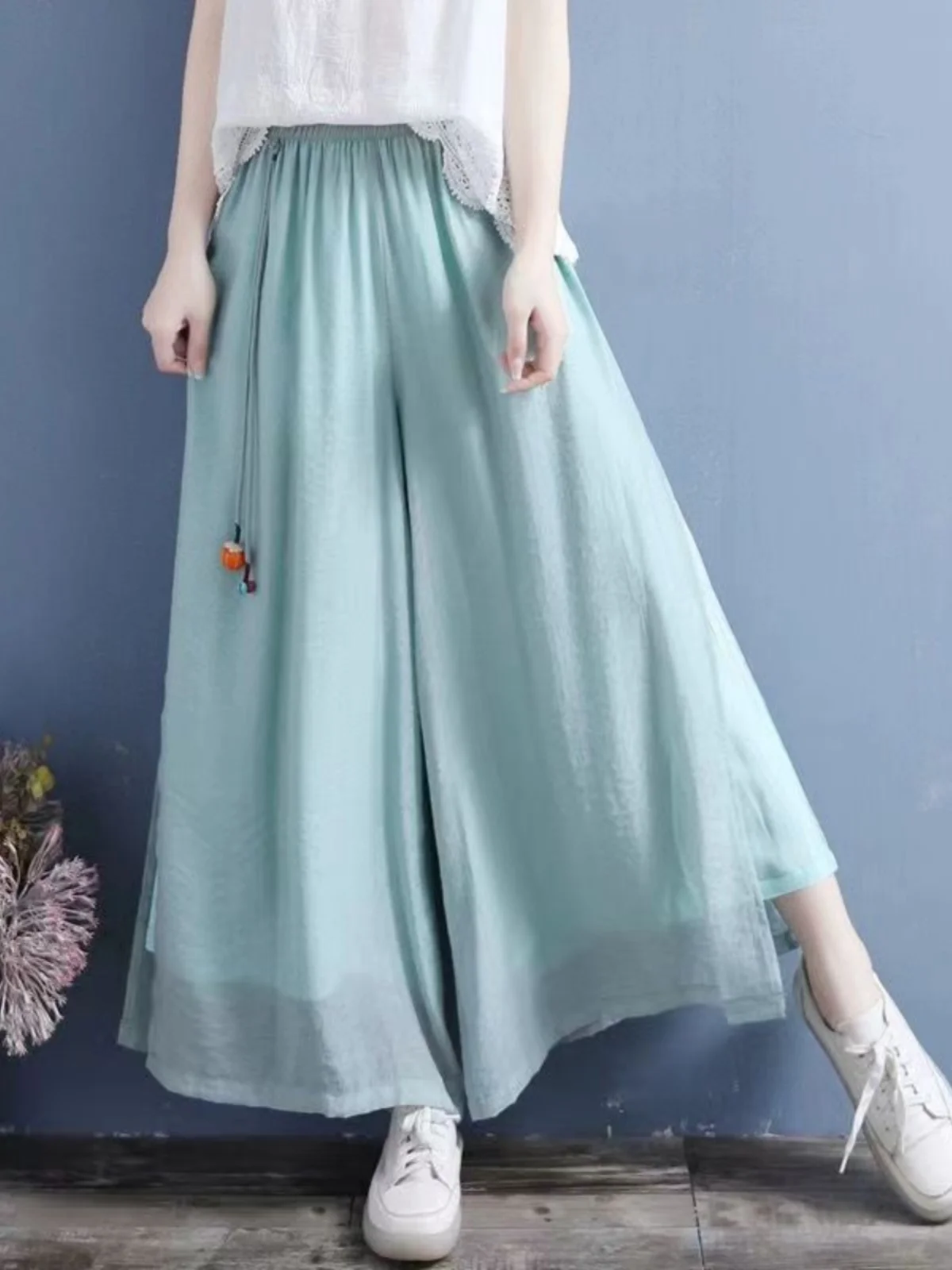 

Широкие хлопковые льняные повседневные брюки с высокой талией для женщин, летние винтажные брюки с эффектом похудения и боковым разрезом