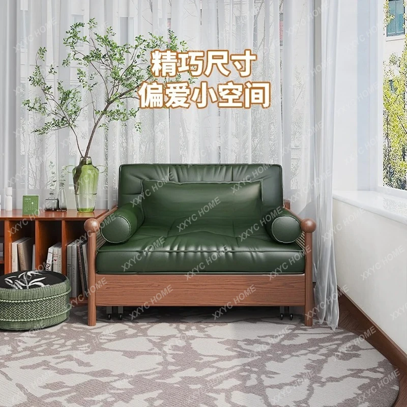 AAMultifunctional Sofa Bed Folding Dual-purpose Small Apartment Retro Solid Wood Single Leather Leisure Chair