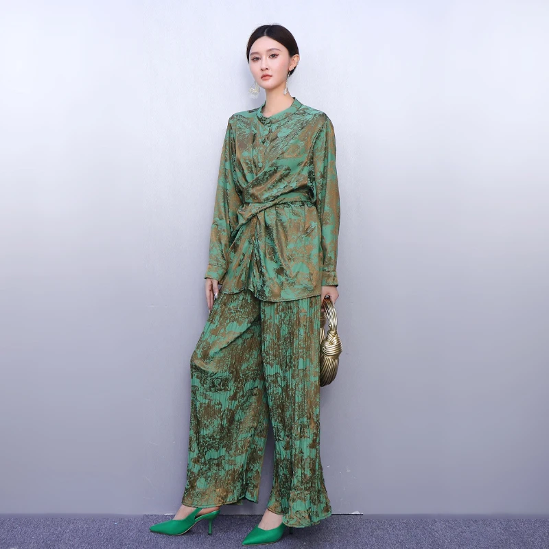 

2025 Autumn Elegant Fashion Set Women Loose Retro Printed Top Wide Leg Pants Two-piece Set J2049