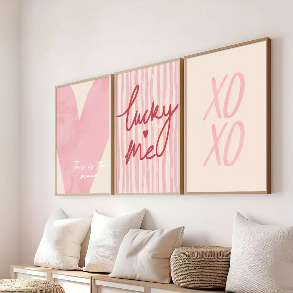 Juego de 3 Pósters Decorativos sin Marco con Rayas Rosas y Corazones, Estilo Y2K, Impresión en Lienzo para Pared, Decoración Estética Simple para Habitación de Chicas
