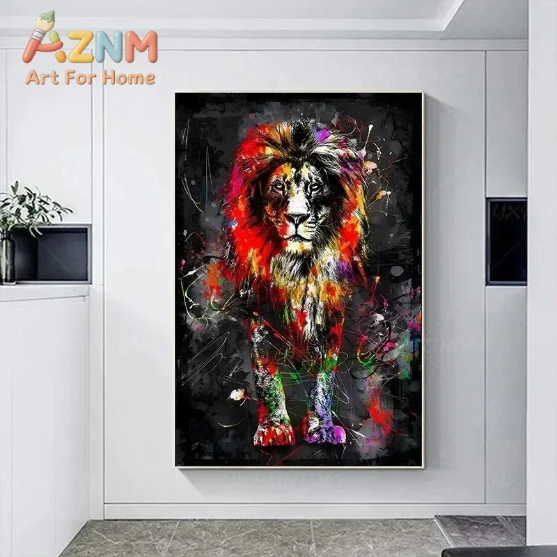 1pc Frameless Canvas Prints Poster Wall Art Picture Abstract Colorful King Lion Tiger Fox Dog Elephant Graffiti Art Room Decor