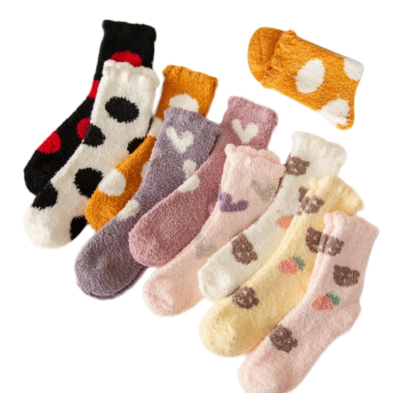 

10 Pairs Women Winter Microfiber Fuzzy Slipper Socks Japanese Heart Dot Bear Printed Warm Sleeping Hosiery