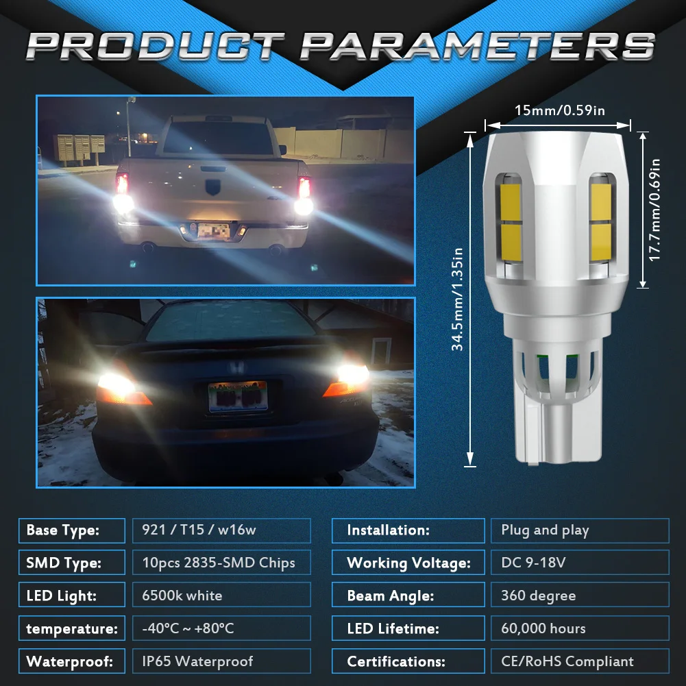 2x For VW BMW Audi Ford 2000LM W16W LED T15 T16 Canbus No OBC Error LED Car Reverse Backup Light Bulbs Xenon White LED 2835 SMD