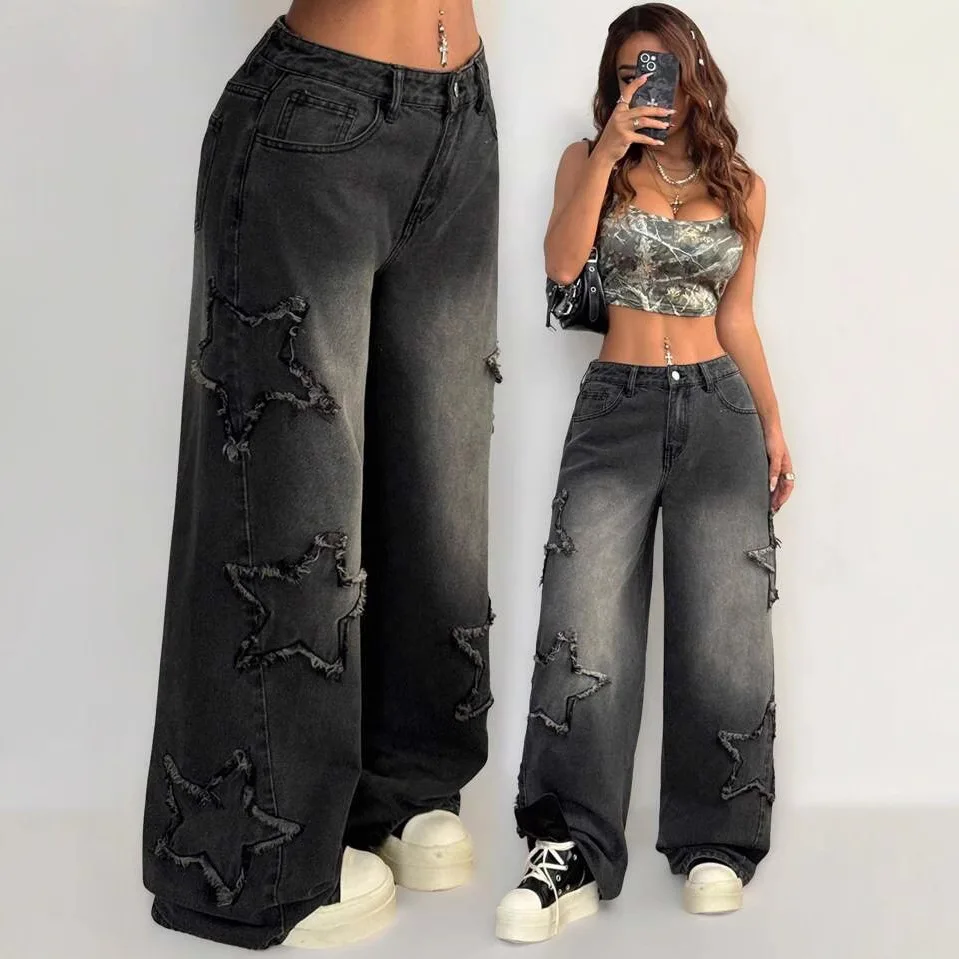 

Джинсы American High Street Washed Star, свободные прямые повседневные брюки в корейском стиле для подростков и молодежи