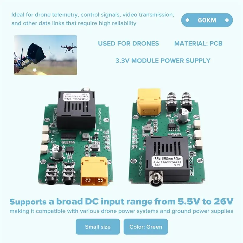 AU61-TTL To Fiber Optic Module 60KM TTL Optical Transceiver Module DC 5.5-26V Optical Terminal Equipment Drones RX Ground End