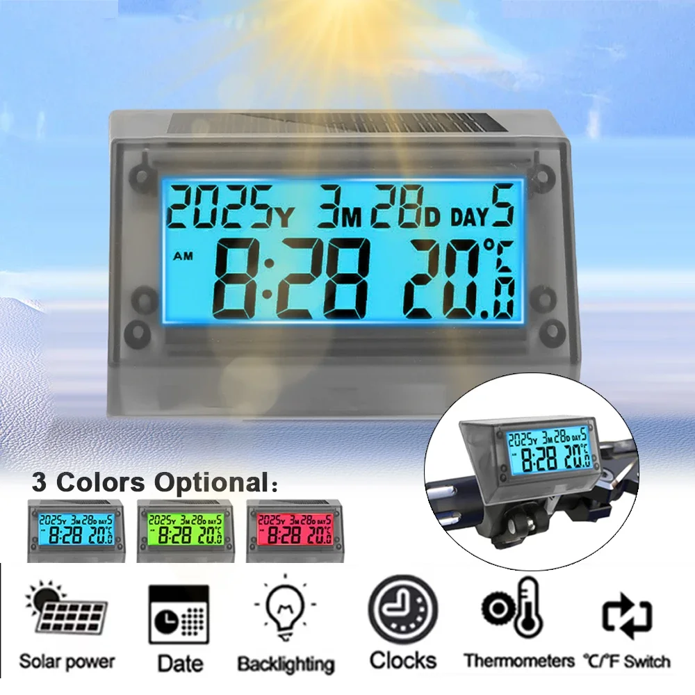 

Автомобильные часы на солнечной батарее, цифровой термометр, электронные часы, ЖК-дисплей времени и даты с подсветкой, водонепроницаемые с рулем мотоцикла