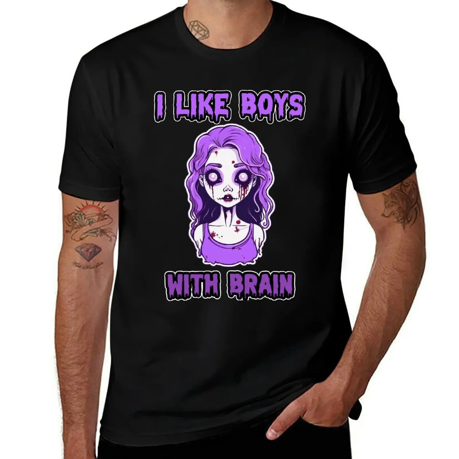 

Zombie Halloween I Like Boys With Brain Pastel Cute Retro Violet Pink T-Shirt customizeds anime shirt anime tshirt men t shirt