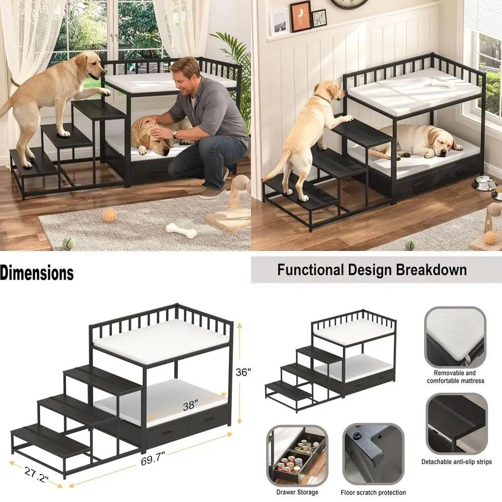 

Двухъярусные кровати для больших собак, прикроватная кровать для собак со ступеньками и местом для хранения, компактная мебель для домашних животных для использования в помещении