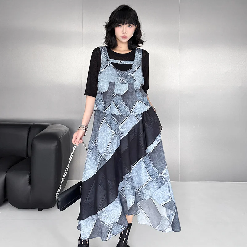 

Denim Long Dresses Printed Two-piece Set 2025 Summer Women Elegant Niche Design Sense New Slim Contrast Color Street Hipsters