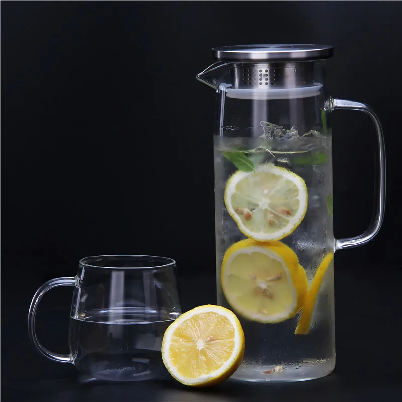 

1.5L Glass Water Pitcher With Handle Bamboo Lid Heat Resistant Cold Hot Kettle Capacity Tea Pitcher Water Juice Jug