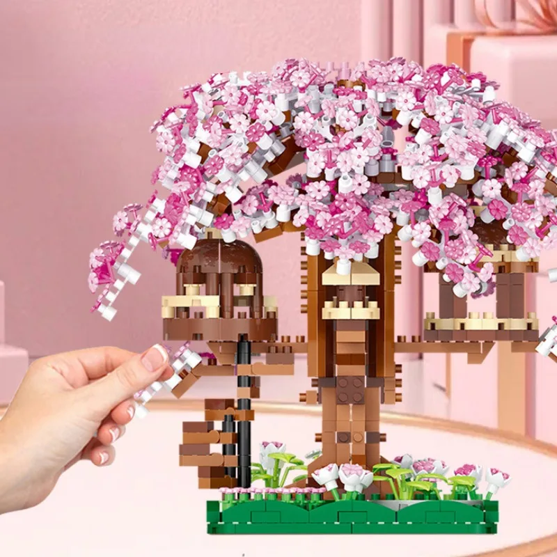 DIY Discoloration Cherry Blossom Flower Tree House  Building Blocks Mini Bricks Model Kids DIY Puzzle Toys Holiday Gift