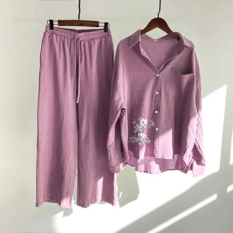 Losse effen kleur broek met enkele rij knopen en wijde pijpen Dames 2-delige set Retro katoenen en linnen overhemd Hoog getailleerde broekset