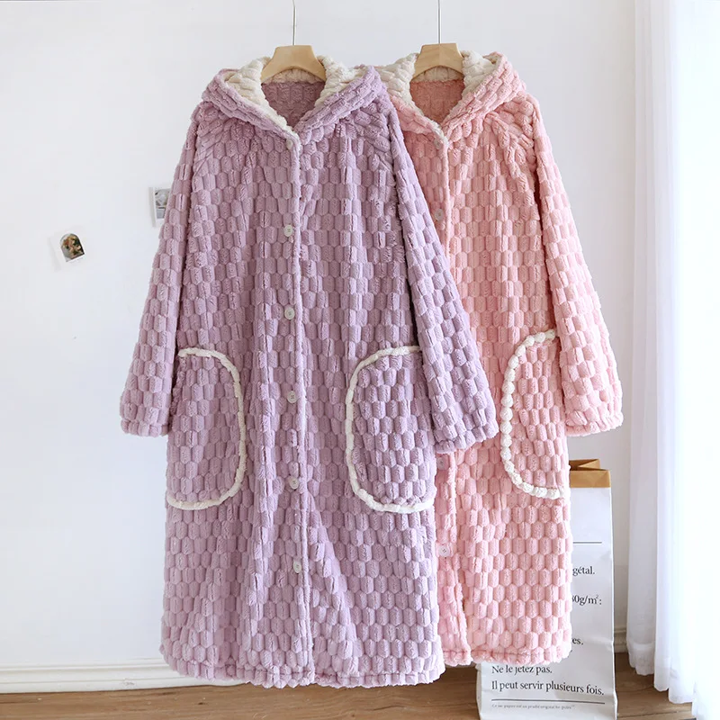 

Hooded Flannel Home Dress Loose Homewear Robe Gown Winter Thicken Long Sleeve Nightwear Plaid Fleece Loungewear Cozy Peignoirs