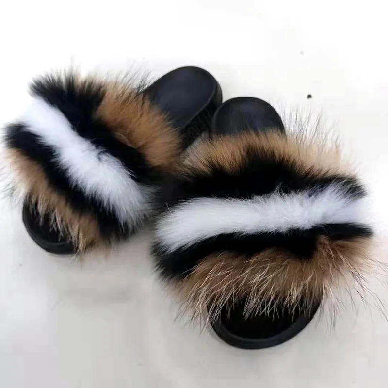 ผู้หญิง Flip Flops แฟชั่นแบนขนสุนัขจิ้งจอกจริงรองเท้าแตะในร่ม Anti SLIP เย็บสี Fluffy Fox FUR รองเท้าแตะรองเท้าแตะ 2025