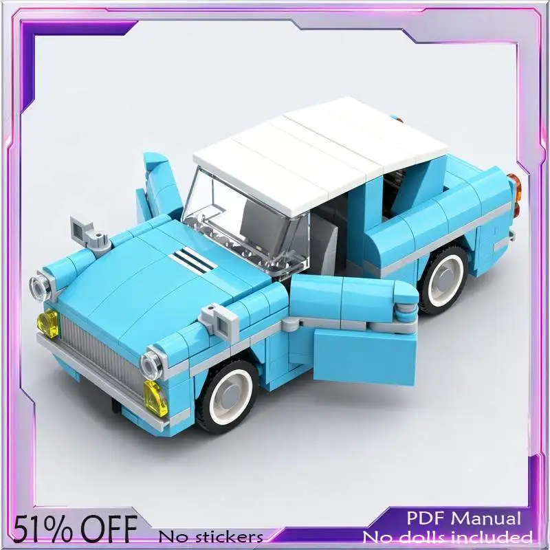 321PCS Blue Retro Classic Flying Vintage Car Vehicle Model Custom Building Blocks DIY Assembly Toy Collection Display Gift