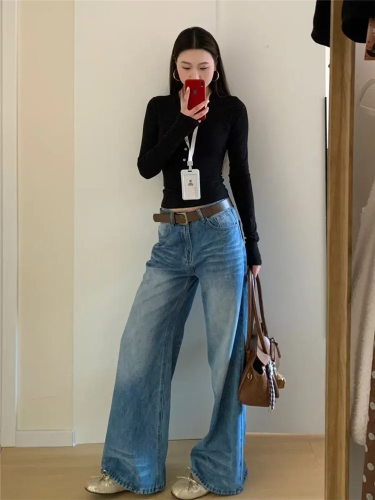 

American Retro Faded Light Color Wide Leg Low Waist Jeans Women Loose Slimming Extended Floor-Length Pants Casual Spring