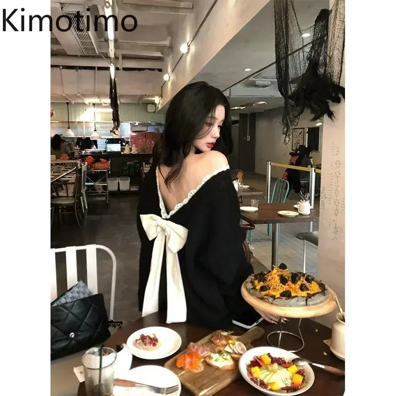 Kimotimo Lace Spliced V Neck Backless Bow Sweater Women Autumn Winter Design Loose Long Sleeve Pullover Elegant Fashion Knit Top