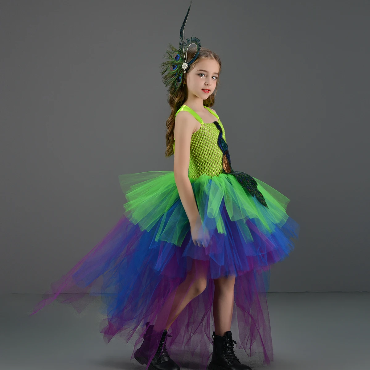 Abito tutù alto basso pavone per ragazze Festa di compleanno Purim Costume da spettacolo Bambini Abito da ballo pavone Piume Abiti da ragazza in tulle