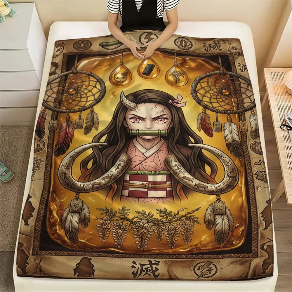 Anime Printed Flannel Blanket Demon Slayer Design Warm Comfortable Throw for Bed Couch Sofa Picnic Travel Essential-Xin