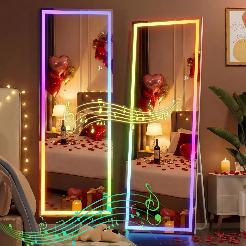 56 x 16 LED RGB Bluetooth Full-Length Mirror with Adjustable Color and Brightness, Freestanding or Wall-Mount for Home Use