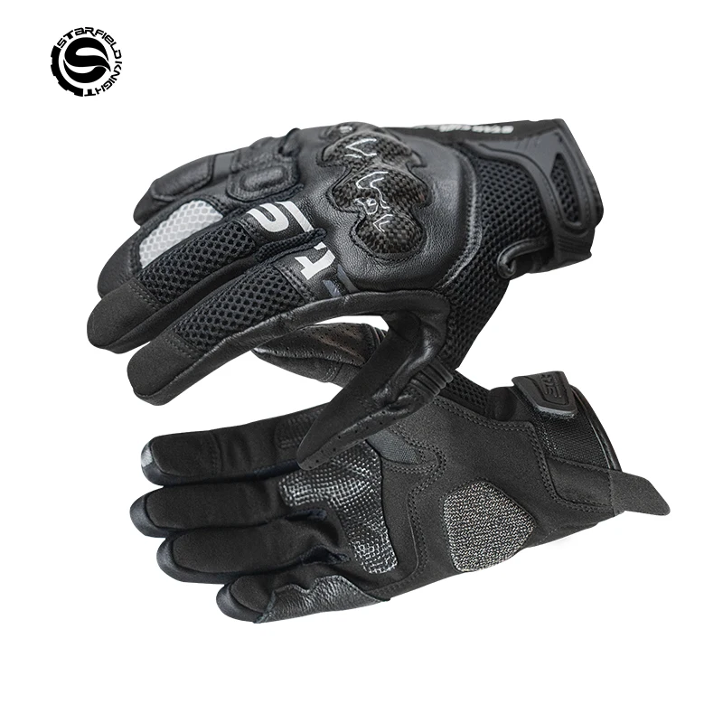 SFK Black Motorcyle Gloves Full Finger Carbon Fiber Protection Gears Real Goat Leather Mesh Breathable Non-slip Wear-resistant