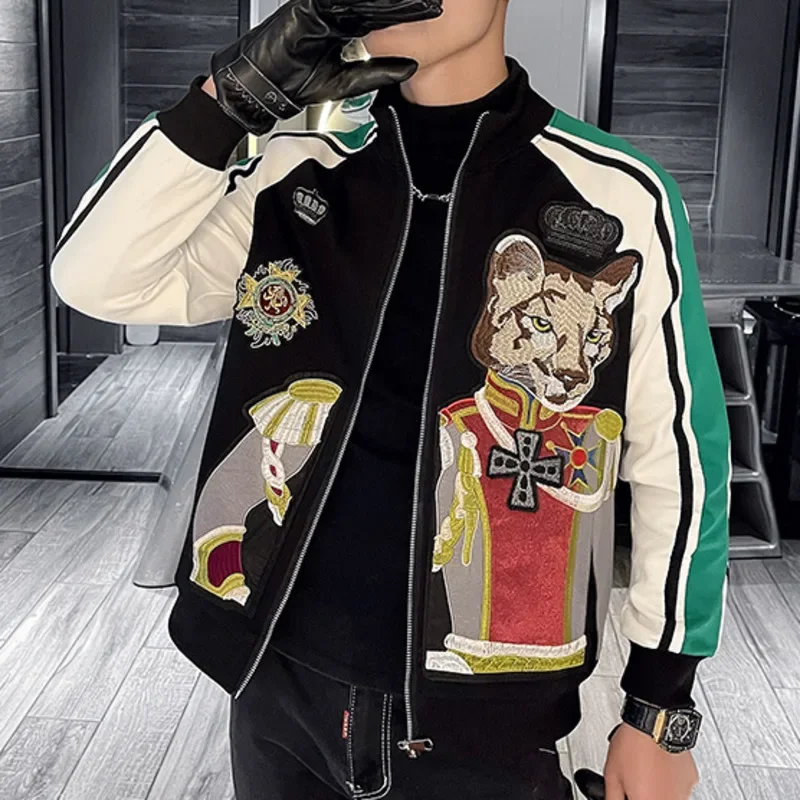 

Luxury Embroidery Dog Head Pattern Men Jacket High Quality Contrasting Colors Crown Social Club Outfits Jaqueta Masculina