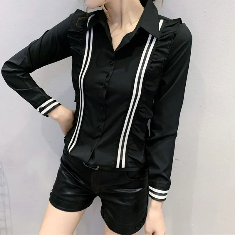 Slim Fashion Turn-down Collar Button Shirt for Female Spring Autumn Korean All-match Ruffles Spliced Blouse Women\'s Clothing