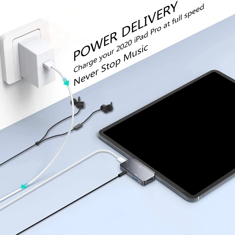 USB C Hub For Ipad Pro 11/12.9 2020/2018 Adapter,4-In-1 Adapter With Aux 3.5Mm Headphone Data Jack