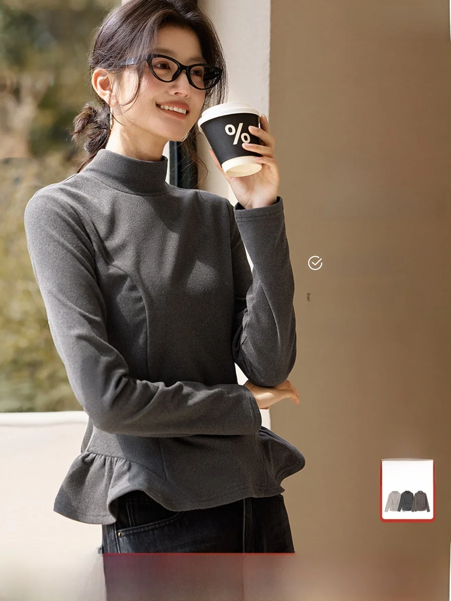 

XWI Women's f High Collar Cloud Velvet Base irt Winter Warm Inner Wear Casual Sle Straight Cut Long Sve T-irt