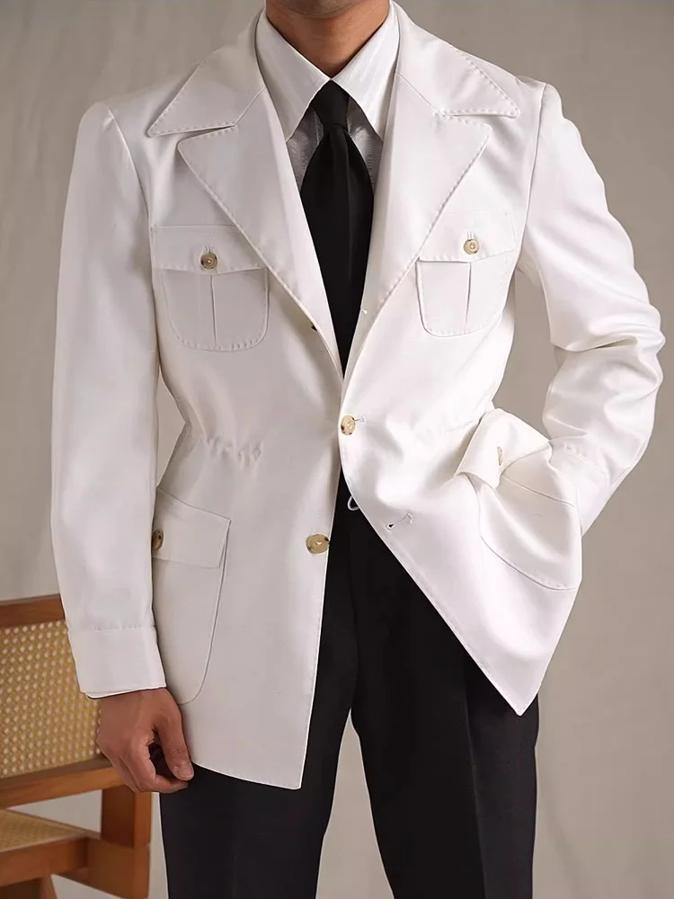 Men's Breathable Linen Jacket Spring Autumn New Style Retro Hunting Coat Drawstring Waist Business Casual Outerwear
