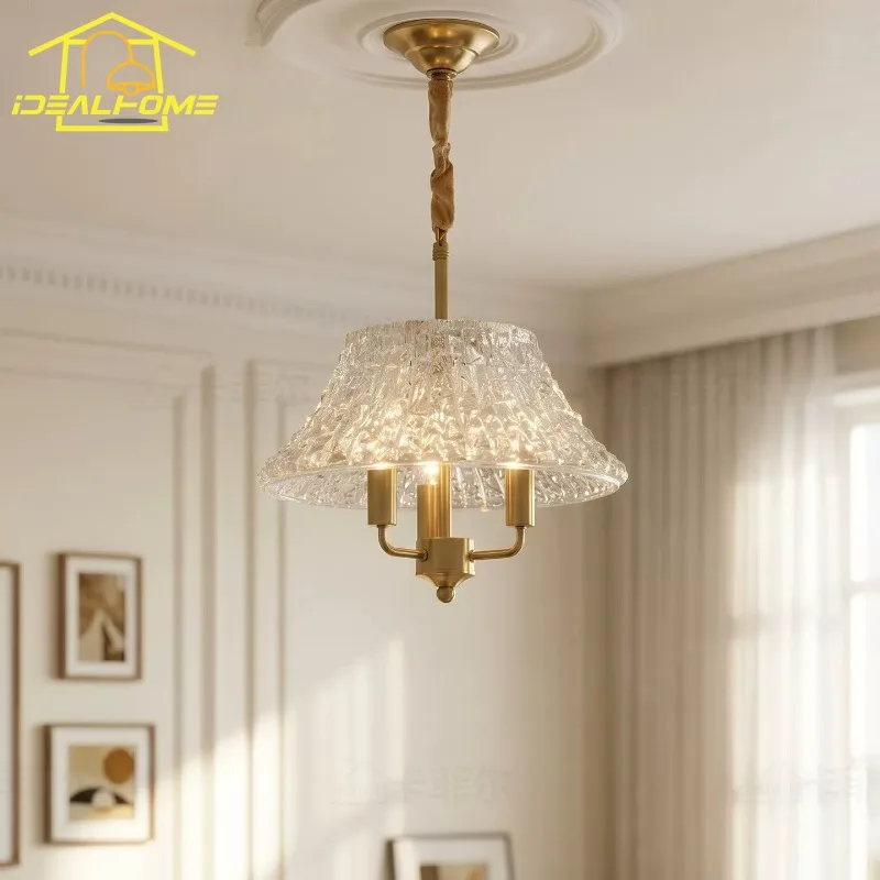 French Luxury Water Pattern Glass Copper Chandelier LED E14 Medieval Retro Crystal Pendant Light Restaurant Bar Counter Entrance