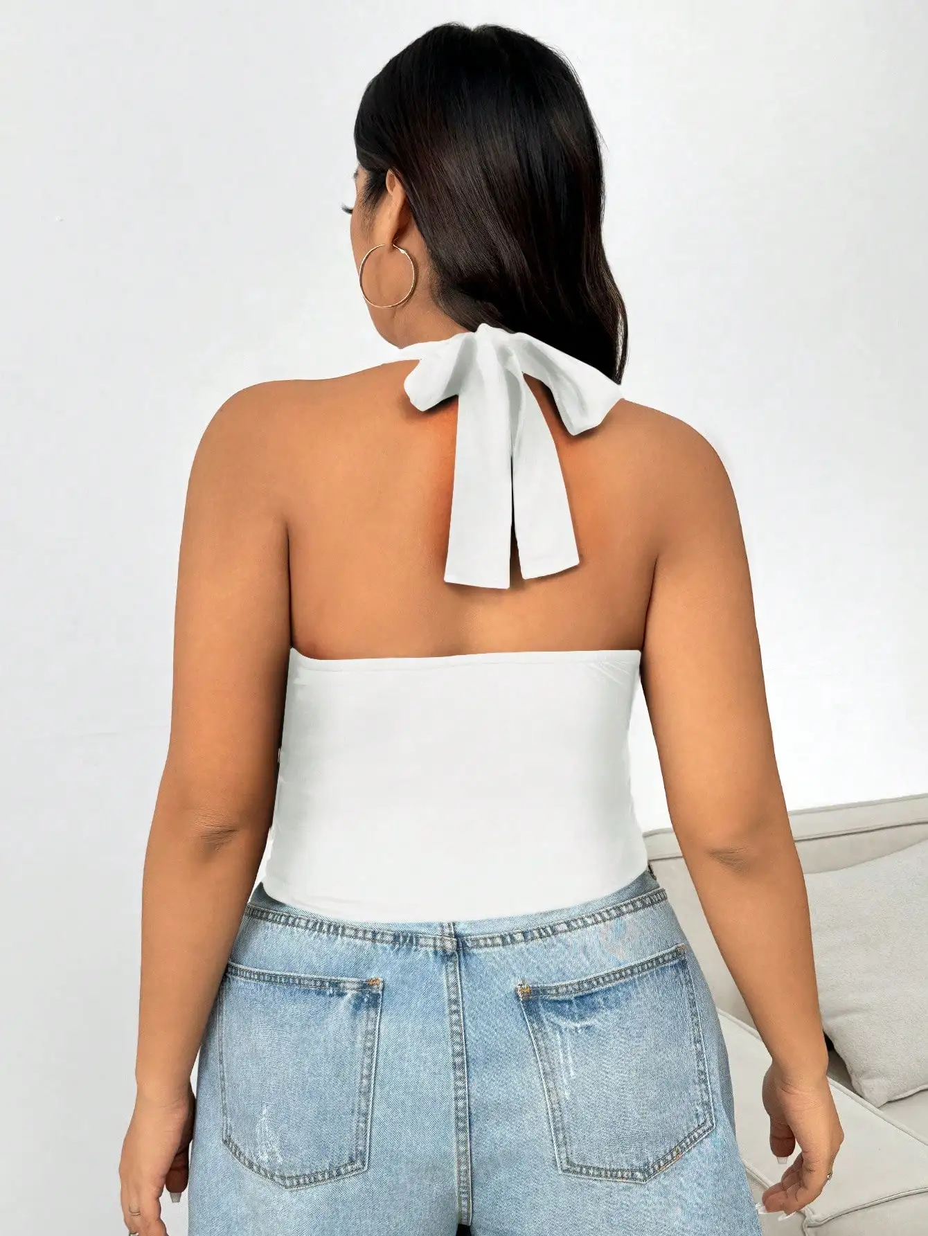 Plus Size Women's Halter Neck Crop Top Deep V Neck Backless Tie Back Sexy Cami Top