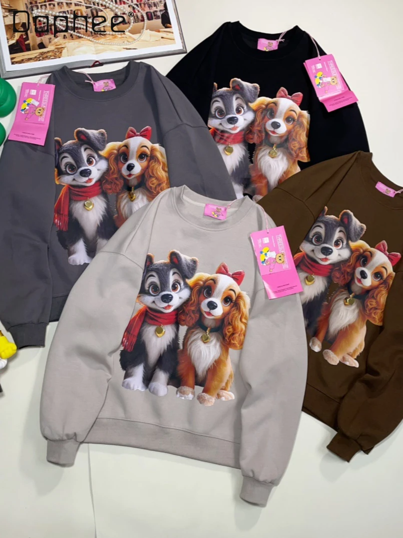 Retro American Style Cartoon Puppy Print Casual Loose Sweatshirts Female 2024 Autumn New Round Neck Long Sleeve Hoodies Women