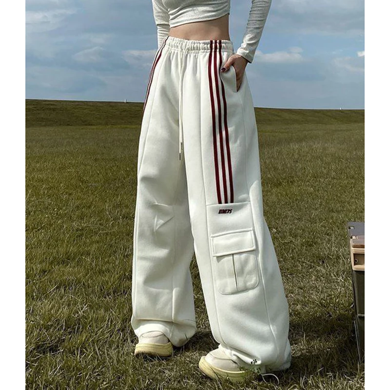 GIDYQ Women Streetwear Sweatpants American Retro Striped Loose Wide Leg Pants Casual Female Large Pocket Cargo Trousers New