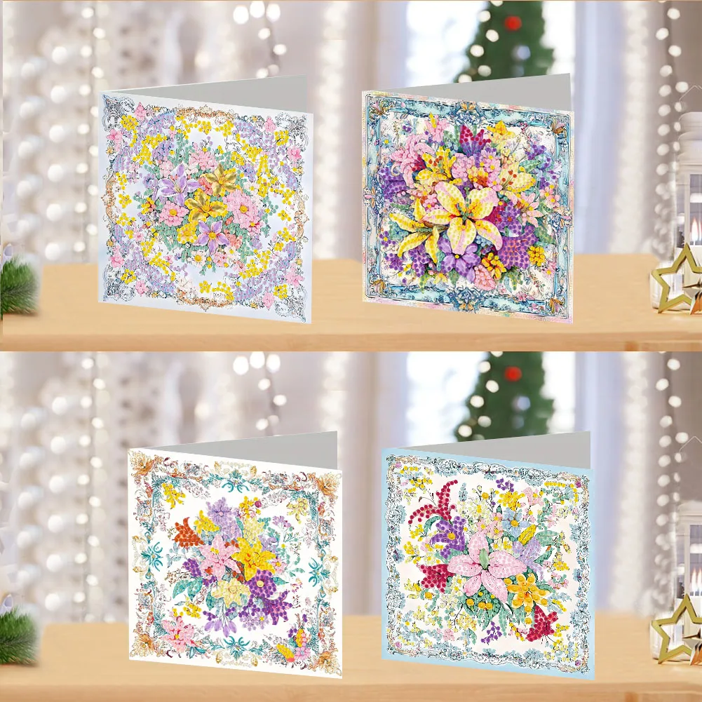 4-teiliges Set DIY Diamant-Kunst-Grußkarten mit Blumenmuster, Diamant-Kunst-Grußkarten für Geburtstag und Neujahr