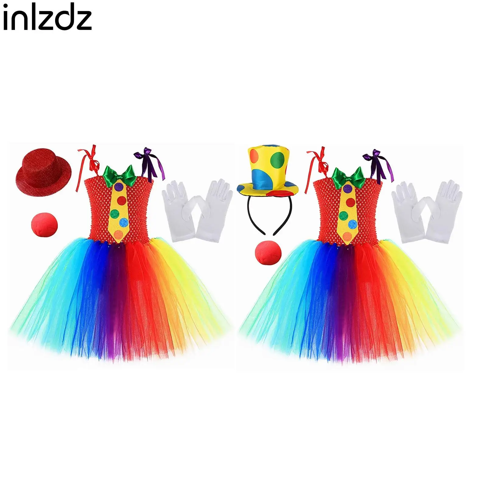 

Girls Rainbow Circus Cosplay Costume Adjustable Tie-Up Style Shoulder Straps Bow Tie Dress+Accessories Halloween Party Set