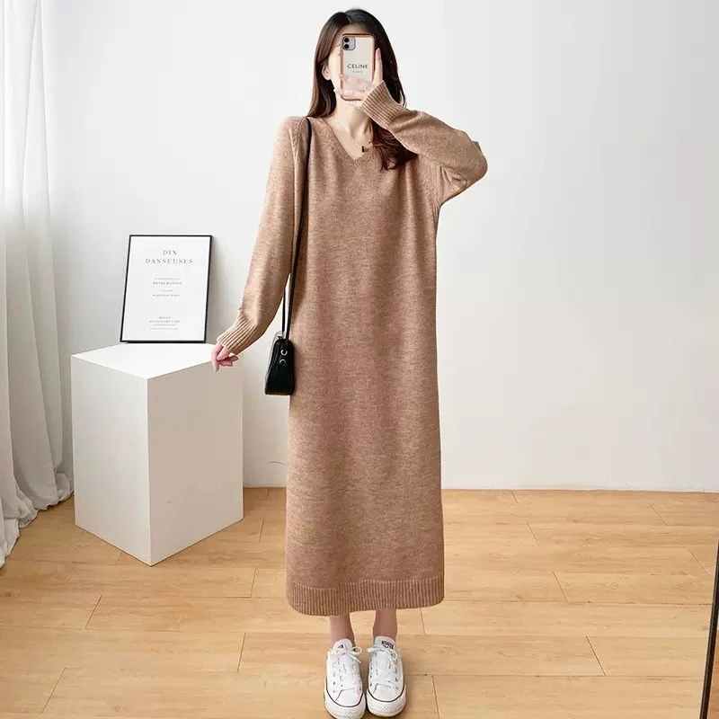 Senhoras de malha com decote em v solto ajuste camada base saia outono inverno casual em linha reta estilo coreano para mulheres escritório data outfit presente