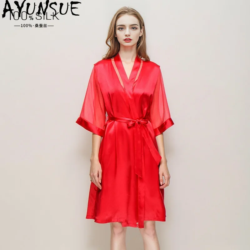 AYUNSUE Heavyweight Silk Robes for Woman Luxury Solid Color Bath Robe Wedding Bridal Robe High Quality Sleepwear Woman Пижама